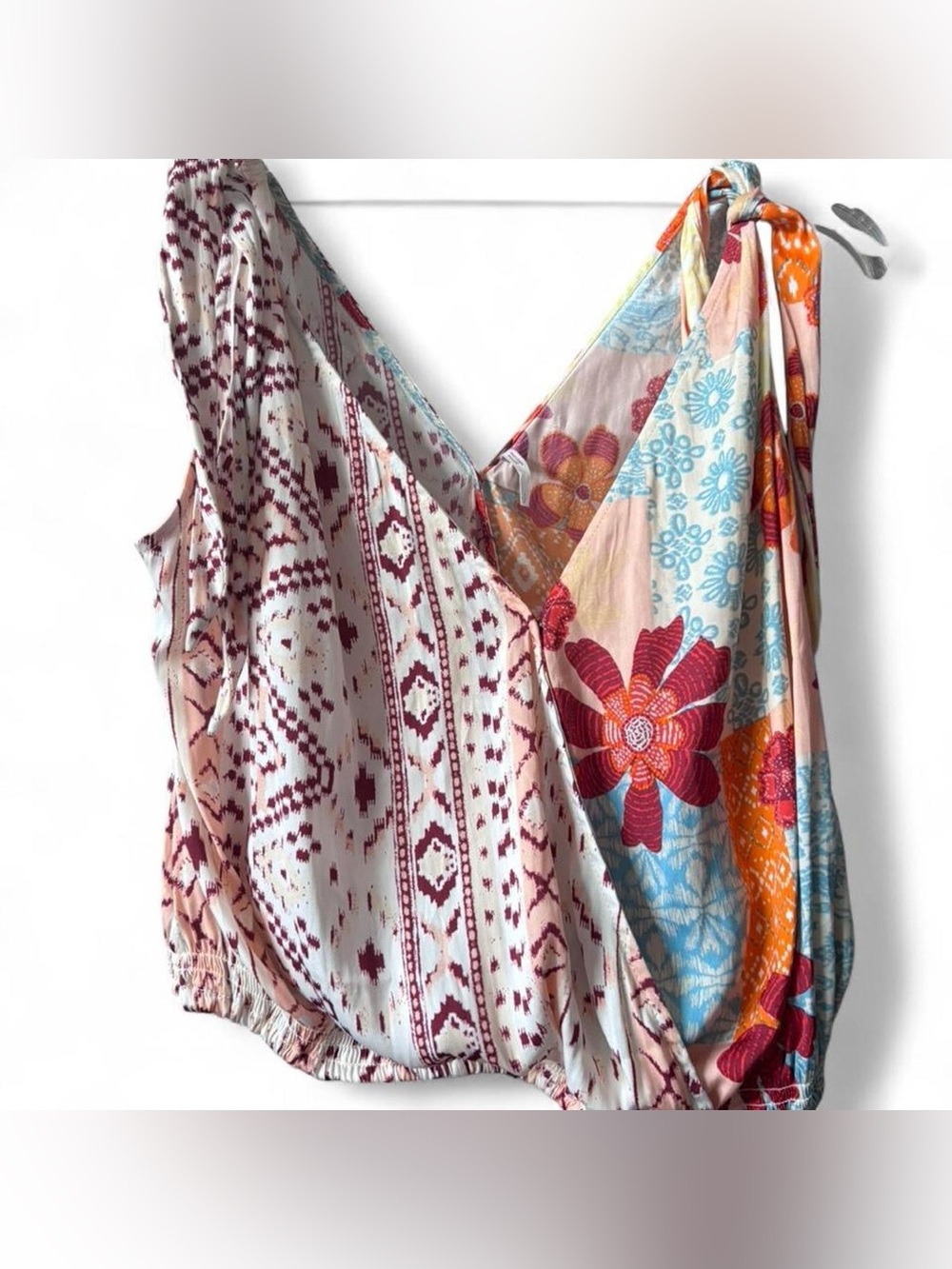 Boho Free People Mixed-Print Wrap Tank Top - Floral & Ikat